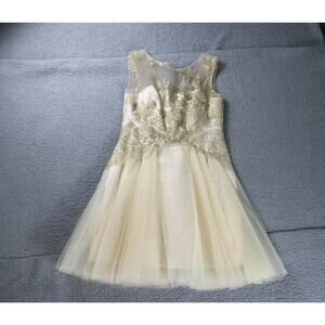 Marchesa Notte Dress 10 Gold Tulle Embellished Lace Mini Dress Lined Sleveless